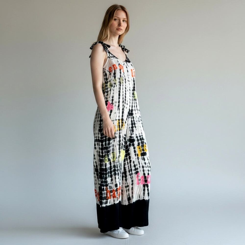 Gold & Silver Paris Tie Dye Embroidered Wide Leg Jumpsuit Romper TU Boho Resort